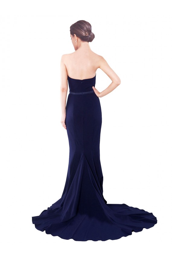 Discount Low Back Sweetheart Stretch Crepe Dark Navy Sweep Train Semi Formal Evening Dresses UK