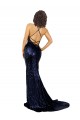 Discount Open Back V-Neck Sequin Dark Navy Long Sexy Evening Dress UK