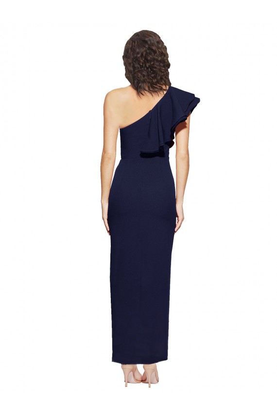 Discount One Shoulder Stretch Crepe Dark Navy Long Evening Gown UK