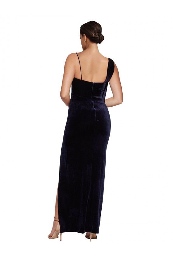 Discount Low Back Spaghetti Straps Stretch Velvet Dark Navy Long Evening Dress UK