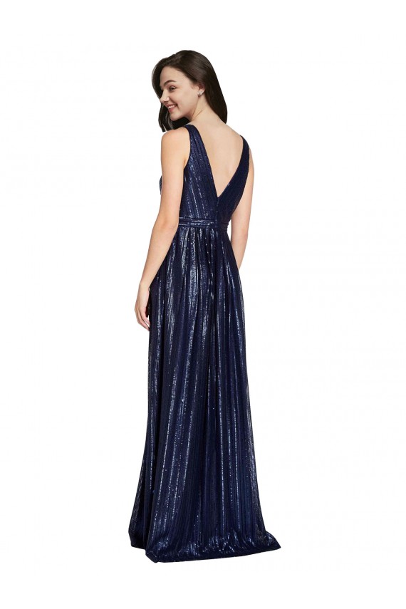 Discount V-Back V-Neck Sequin Dark Navy Long Evening Dress UK