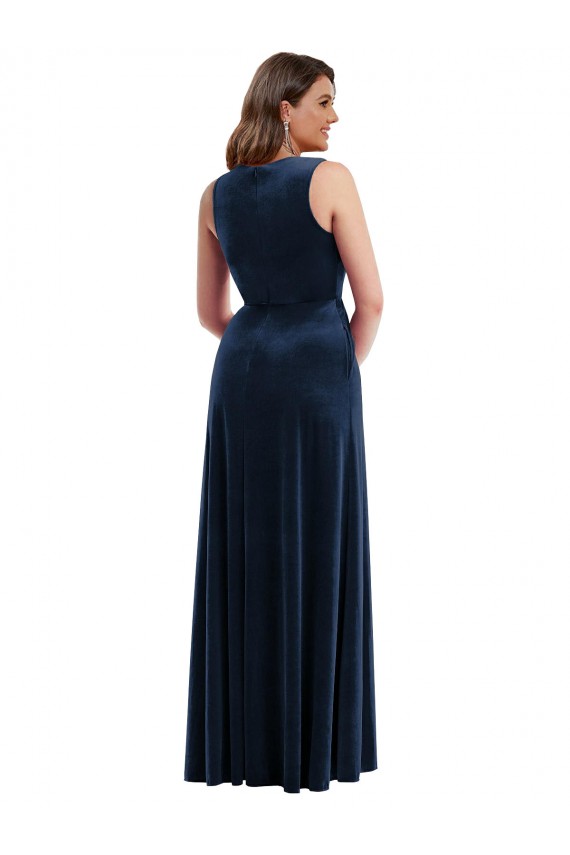 Discount V-Neck Stretch Velvet Dark Navy Long Maxi Evening Dress UK