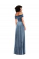 Discount Off the Shoulder Stretch Velvet Dusty Blue Long Maxi Evening Dress UK