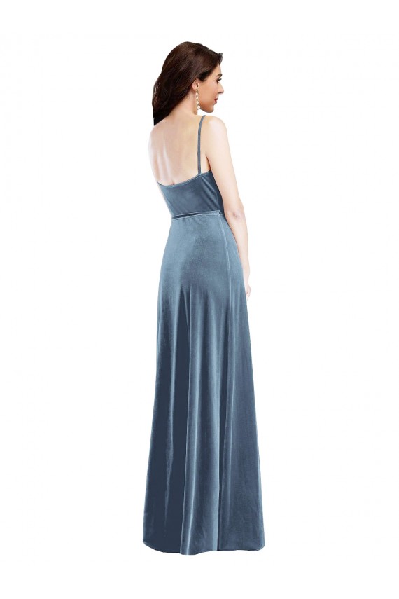 Discount Low Back Sweetheart Stretch Velvet Dusty Blue Long Maxi Evening Dress UK
