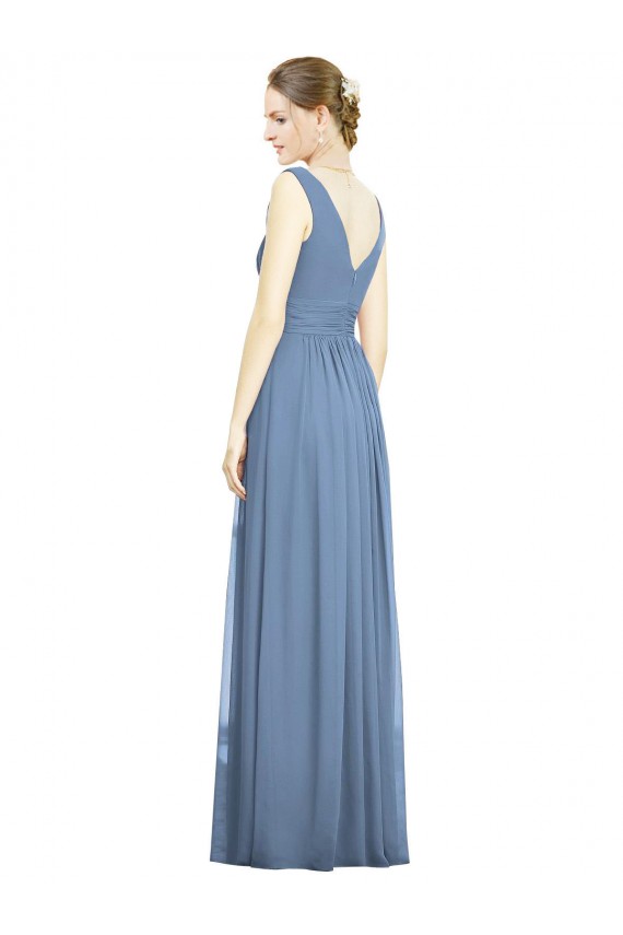 Discount V-Neck Soft Chiffon Dusty Blue Long Maxi Evening Dress UK