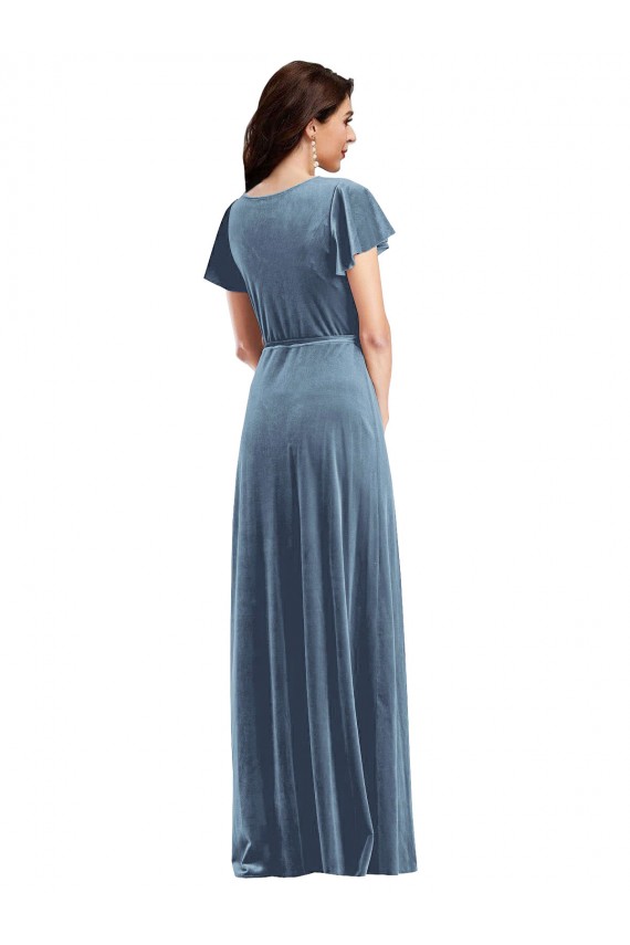 Discount V-Neck Stretch Velvet Dusty Blue Long Maxi Evening Dress UK