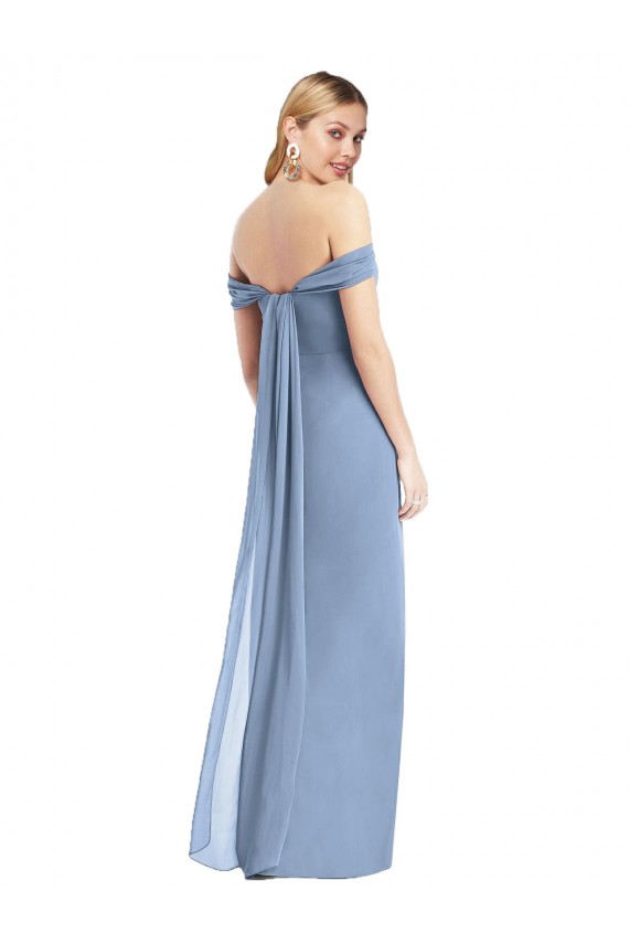 Discount Low Back Off the Shoulder Soft Chiffon Dusty Blue Long Maxi Evening Dress UK
