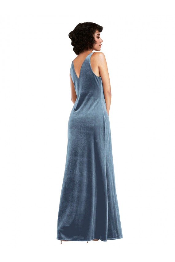 Discount V-Back Cowl Neck Stretch Velvet Dusty Blue Long Maxi Evening Dress UK