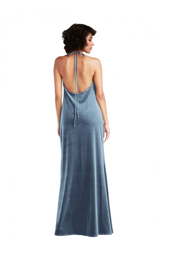 Discount V-Back Cowl Neck Stretch Velvet Dusty Blue Long Maxi Wedding Party Dress UK