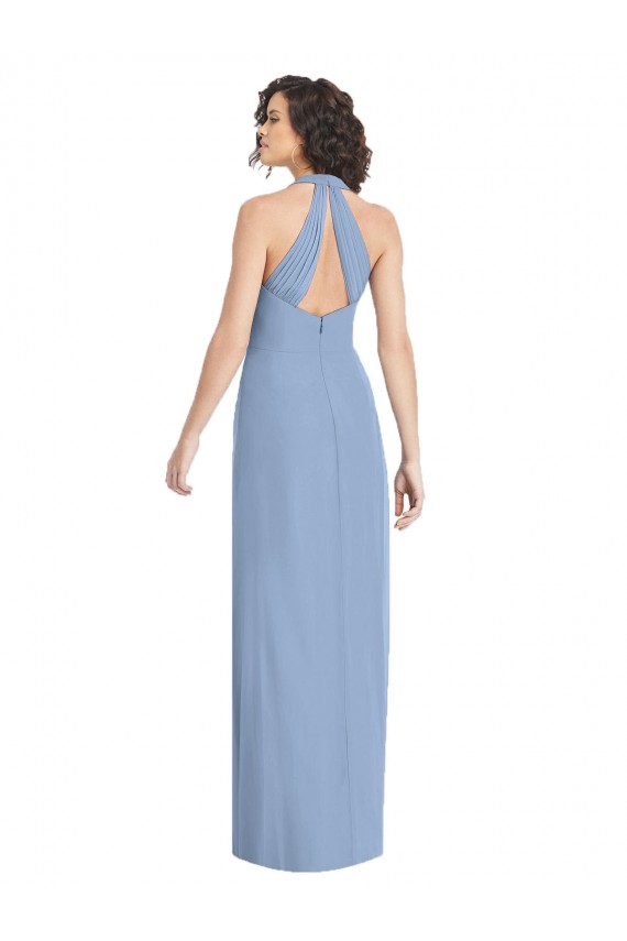 Discount Open Back Halter Neck Luxe Chiffon Dusty Blue Long Evening Dress UK