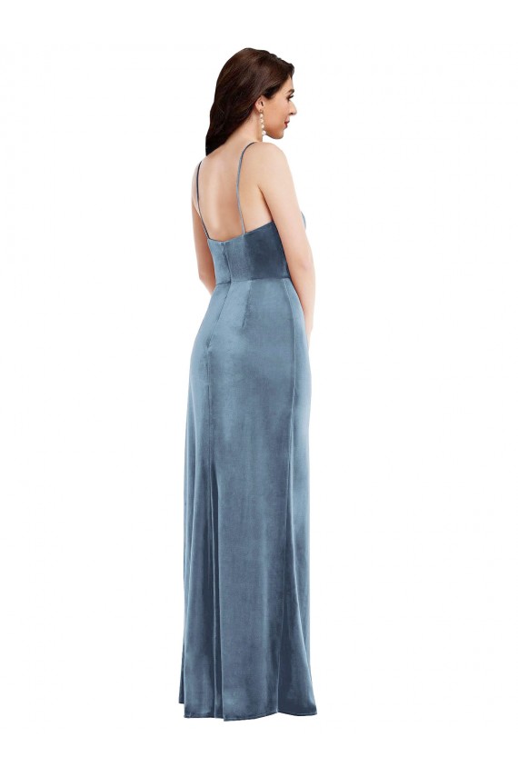 Discount Low Back Spaghetti Straps Stretch Velvet Dusty Blue Long Evening Maxi Dress UK