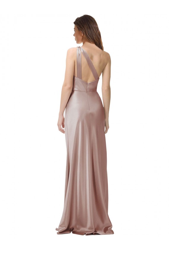 Discount Open Back One Shoulder Stretch Satin Dusty Pink Long Evening Dress UK