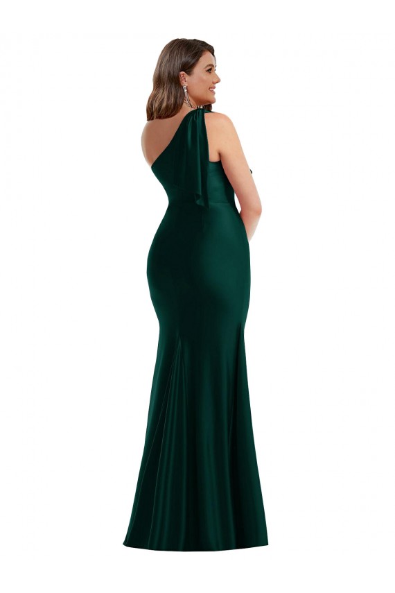 Discount One Shoulder Silky Satin Ever Green Long Plus Size Evening Dress UK