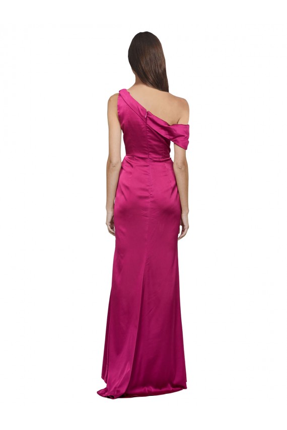 Discount One Shoulder Stretch Satin Fuchsia Long Evening Dress UK