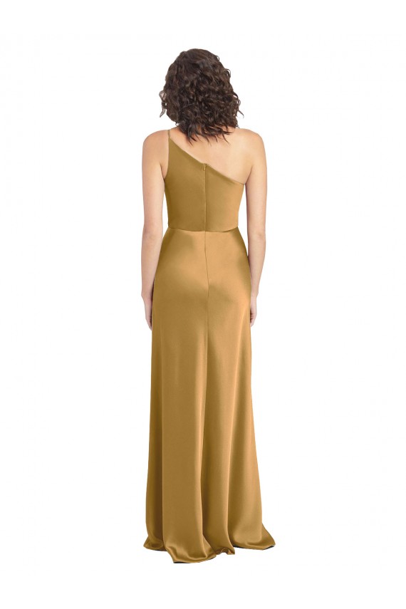 Discount One Shoulder Stretch Satin Gold Long Evening Dress UK