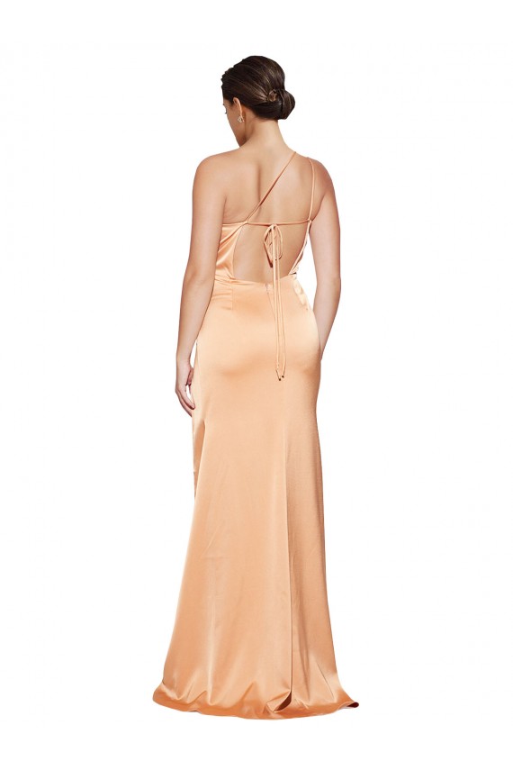 Discount Open Back One Shoulder Stretch Satin Light Copper Long Evening Dress UK