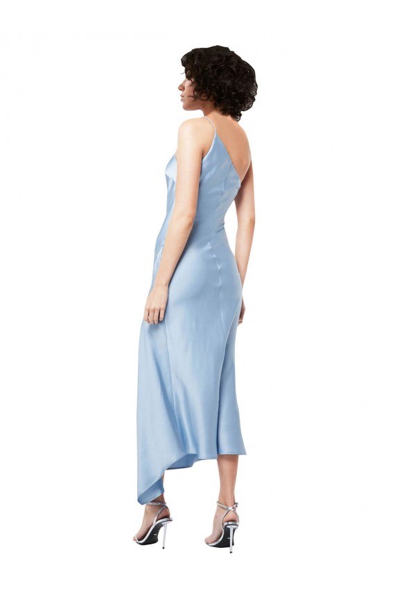 Discount One Shoulder Silky Satin Light Sky Blue Midi Length Evening Dress UK