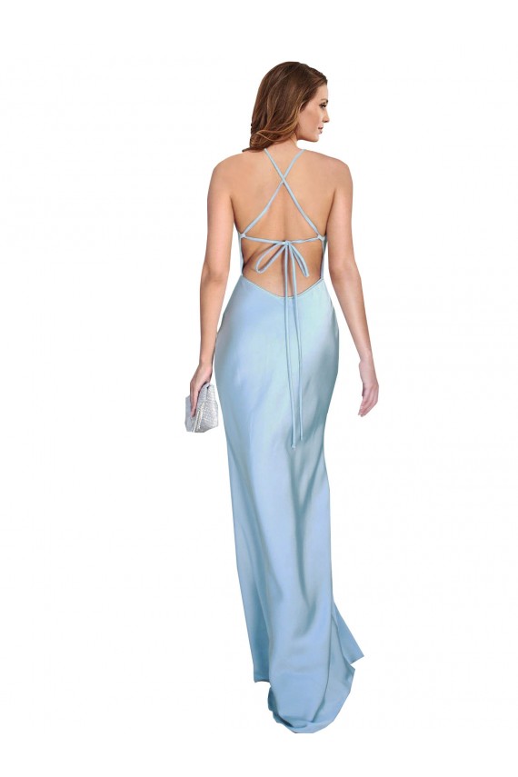 Discount Open Back Cowl Neck Silky Satin Light Sky Blue Long Evening Dress UK