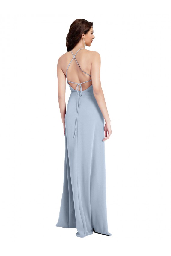 Discount Open Back Halter Neck Stretch Crepe Light Sky Blue Sleeveless Long Evening Dress UK
