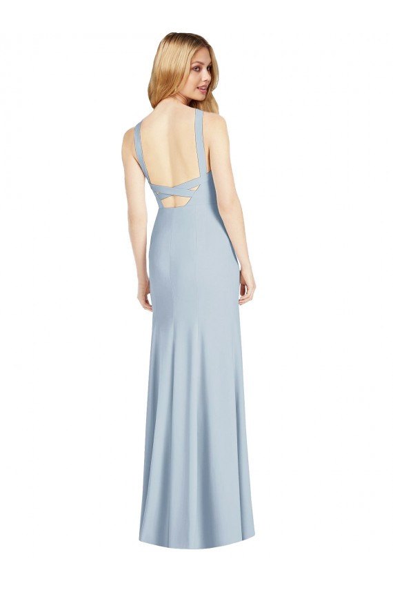 Discount Open Back Halter Neck Stretch Crepe Light Sky Blue Long Sexy Evening Dress UK