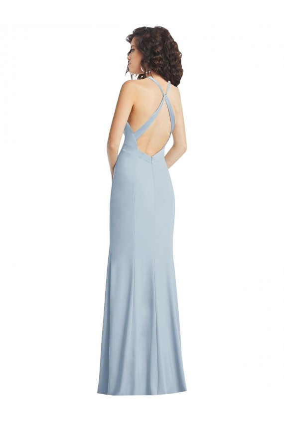 Discount Open Back Halter Neck Stretch Crepe Light Sky Blue Long Maxi Evening Dress UK