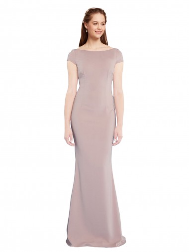 Discount Tie Back Boat Neck Stretch Crepe Dusty Pink Long Evening Dress UK