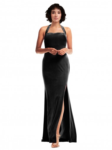 Discount Low Back Halter Neck Stretch Velvet Black Long Evening Dress UK