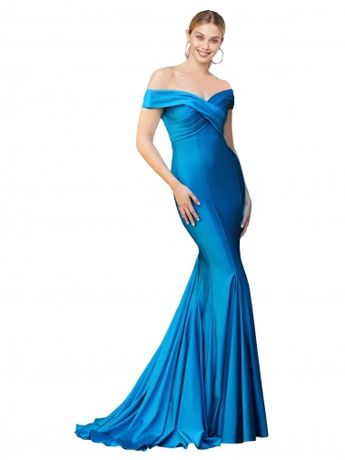 Discount Off the Shoulder Satin Peacock Blue Long Evening Dress UK