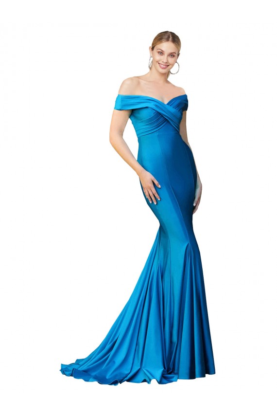 Discount Off the Shoulder Satin Peacock Blue Long Evening Dress UK
