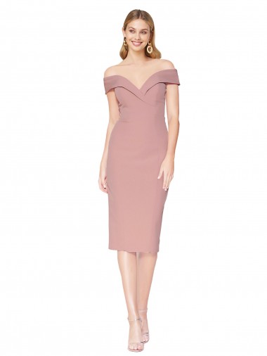 Discount Off the Shoulder Stretch Crepe Dusty Pink Knee Length Evening Dress UK