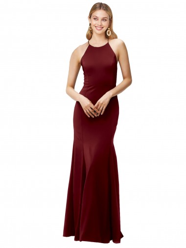 Discount Open Back Halter Neck Stretch Crepe Burgundy Gold Long Wedding Party Dress UK