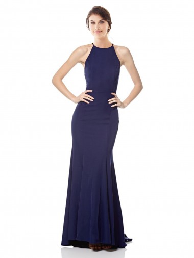 Discount Halter Neck Stretch Crepe Navy Blue Long Evening Dress UK