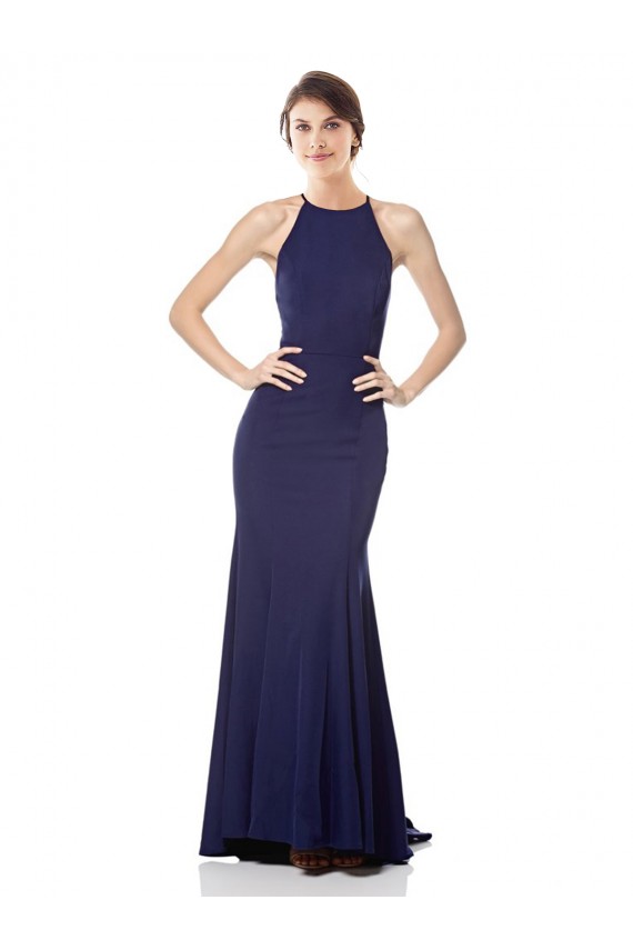 Discount Halter Neck Stretch Crepe Navy Blue Long Evening Dress UK