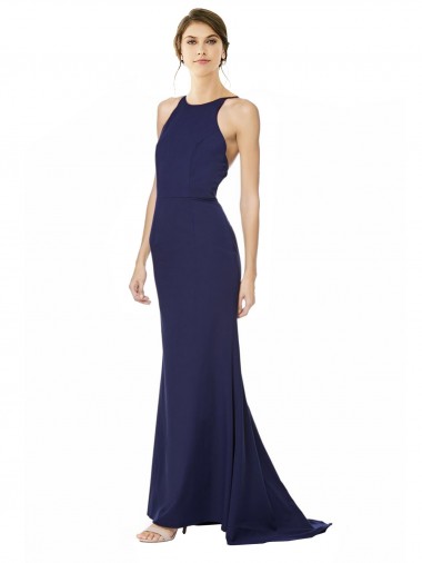 Discount Open Back Halter Neck Stretch Crepe Navy Blue Long Evening Dress UK
