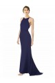 Discount Open Back Halter Neck Stretch Crepe Navy Blue Long Evening Dress UK