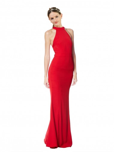 Discount Halter Neck Stretch Crepe Red Long Maxi Evening Dresses UK