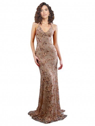 Discount Open Back V-Neck Stretch Crepe & Sequin Tulle Rose Gold Long Evening Dress UK