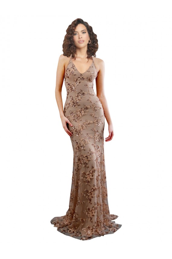 Discount Open Back V-Neck Stretch Crepe & Sequin Tulle Rose Gold Long Evening Dress UK