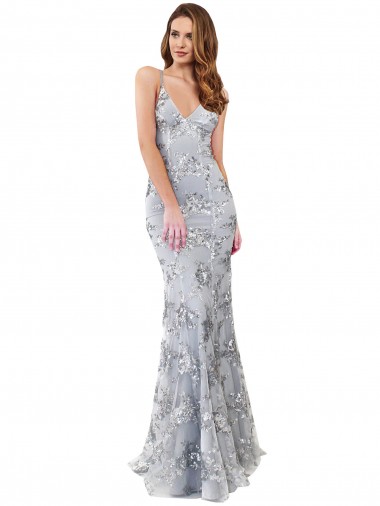 Discount Open Back V-Neck Stretch Crepe & Sequin Tulle Silver Long Evening Dress UK