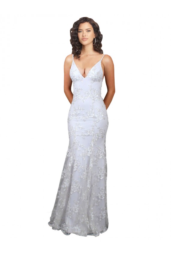 Discount Open Back V-Neck Stretch Crepe & Sequin Tulle White Long Evening Dress UK