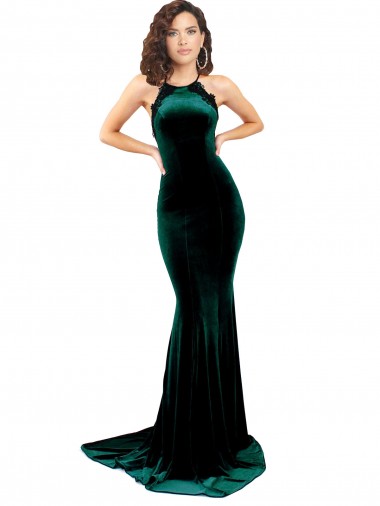 Discount Open Back High Neck Stretch Velvet Dark Green Sweep Train Evening Dress UK
