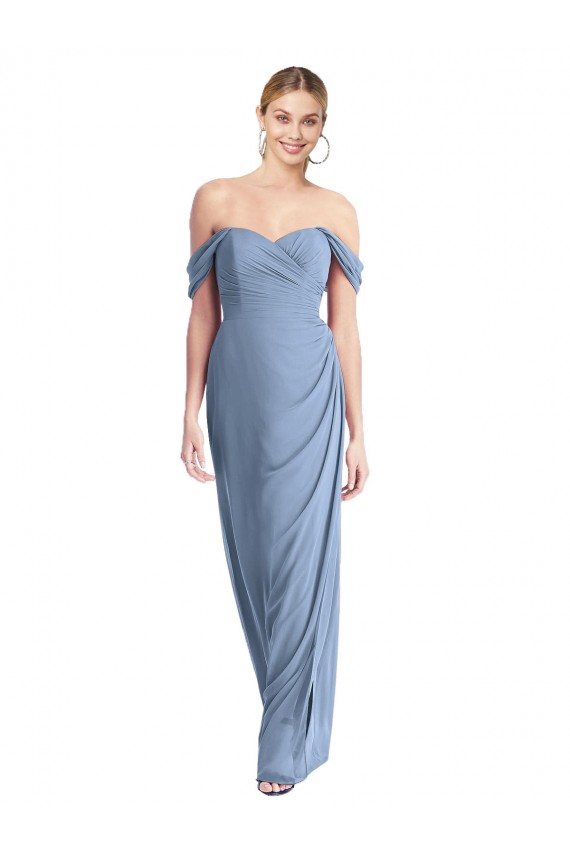 Discount Low Back Off the Shoulder Soft Chiffon Dusty Blue Long Maxi Evening Dress UK