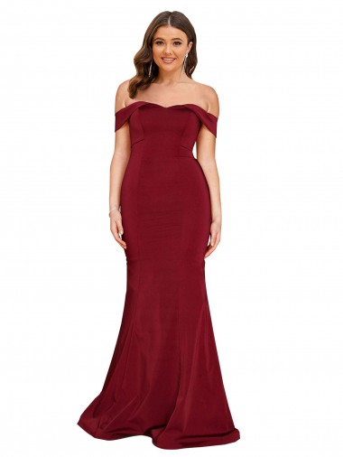 Discount Off the Shoulder Spandex Burgundy Long Plus Size Evening Dress UK