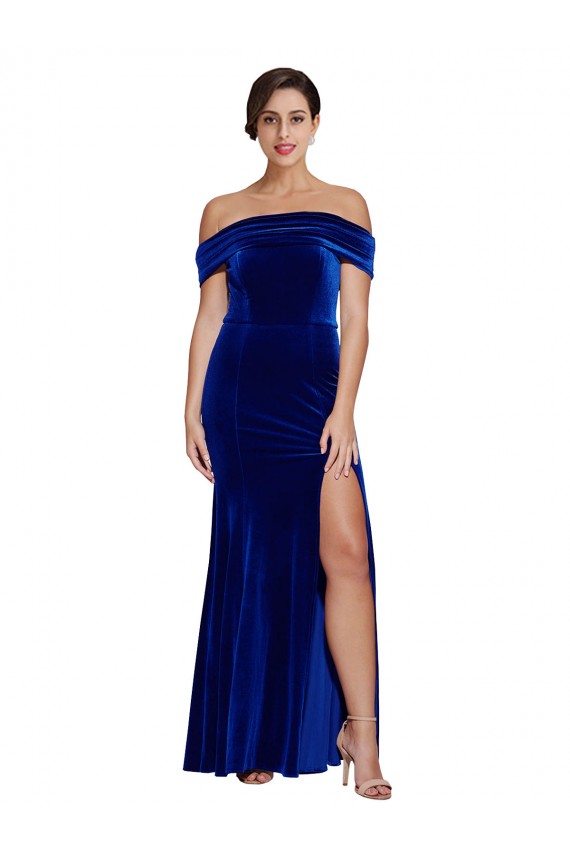 Discount Off the Shoulder Stretch Velvet Royal Blue Long Evening Dress UK