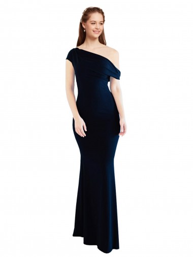 Discount One Shoulder Stretch Crepe Dark Navy Long Evening Dress UK