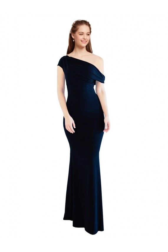 Discount One Shoulder Stretch Crepe Dark Navy Long Evening Dress UK