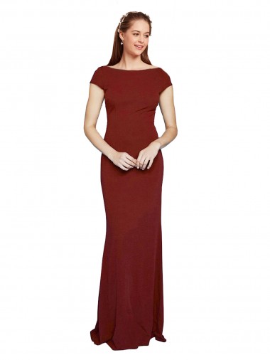 Discount Keyhole Back Round Neck Stretch Crepe Burgundy Long Evening Dress UK
