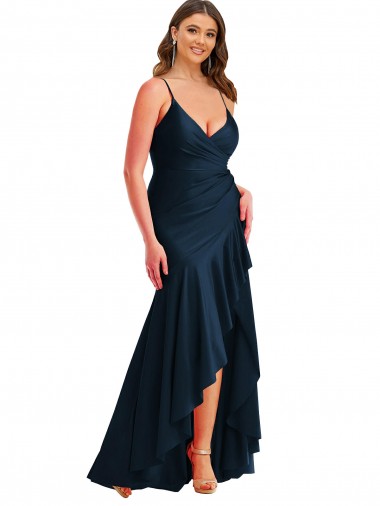 Discount Spaghetti Straps Silky Satin Dark Navy Long Plus Size Wedding Party Dress UK