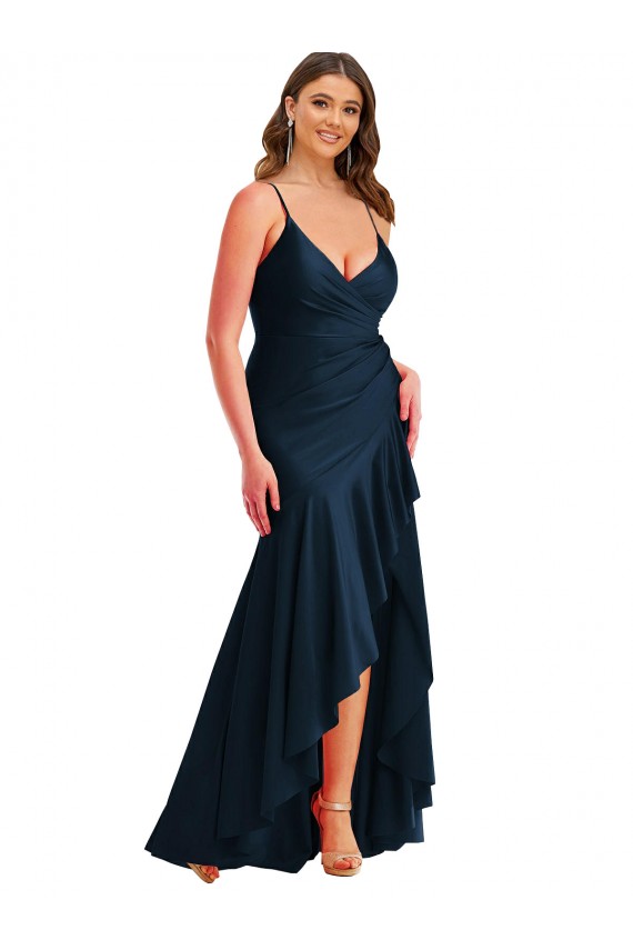 Discount Spaghetti Straps Silky Satin Dark Navy Long Plus Size Wedding Party Dress UK