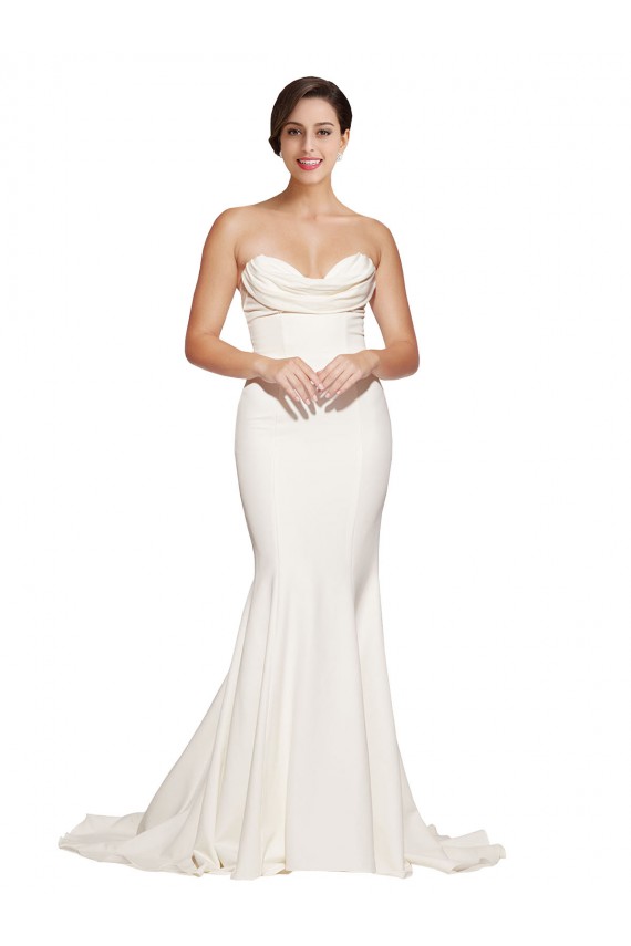 Discount Low Back Cowl Neck Stretch Satin Ivory Sweep Train Evening Dress UK